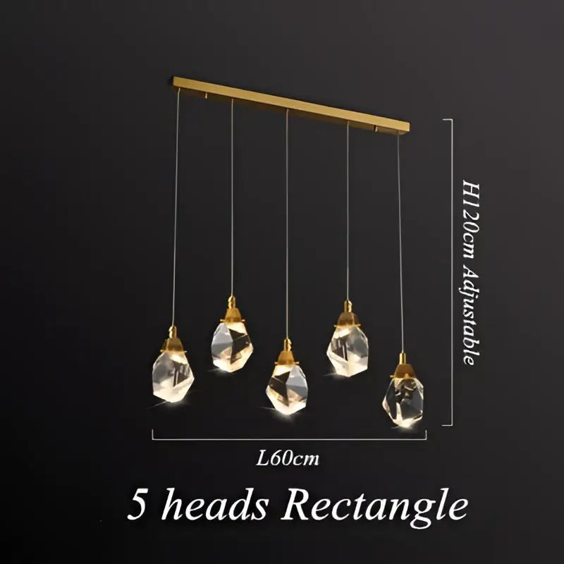 Brass Crystal 5-Head Rectangle LED Chandelier