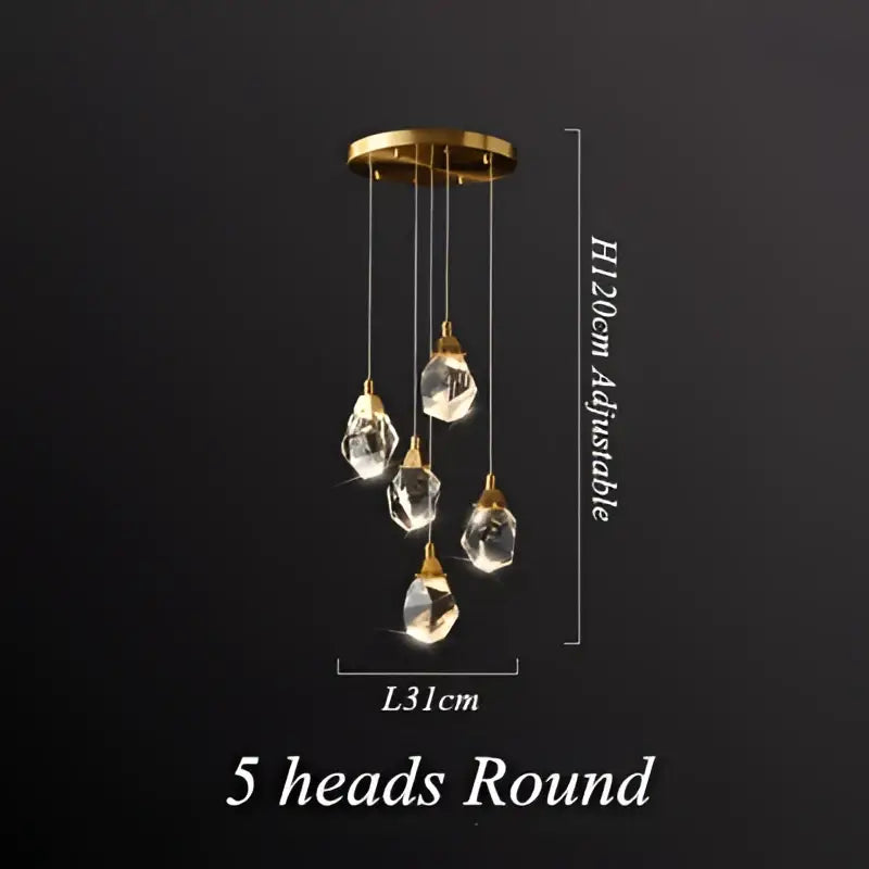 Brass Crystal 5-Head Rectangle LED Chandelier