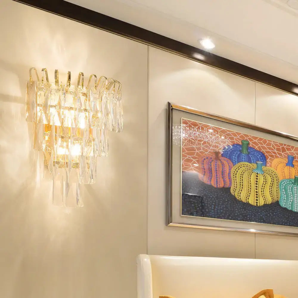 Gold Crystal Rectangle-Cut Three-Light Sconce