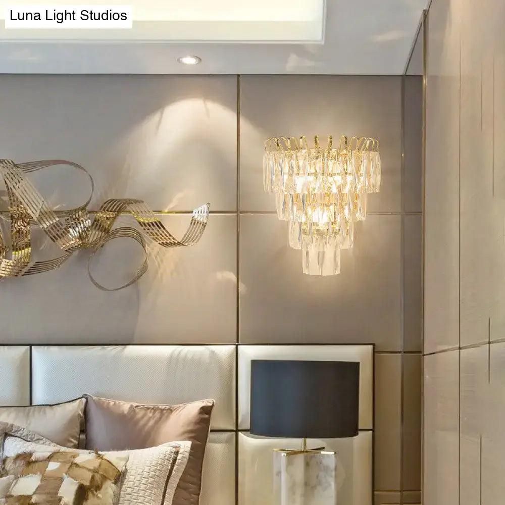 Gold Crystal Rectangle-Cut Three-Light Sconce
