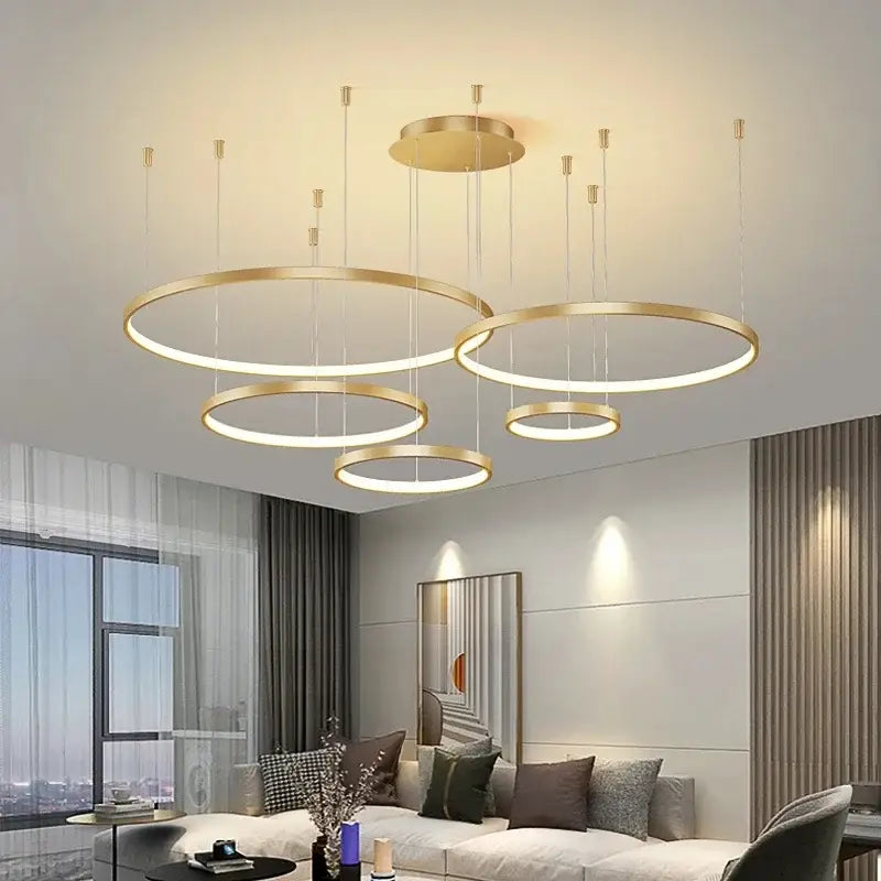 Gold LED 5-Ring Dimmable Chandelier