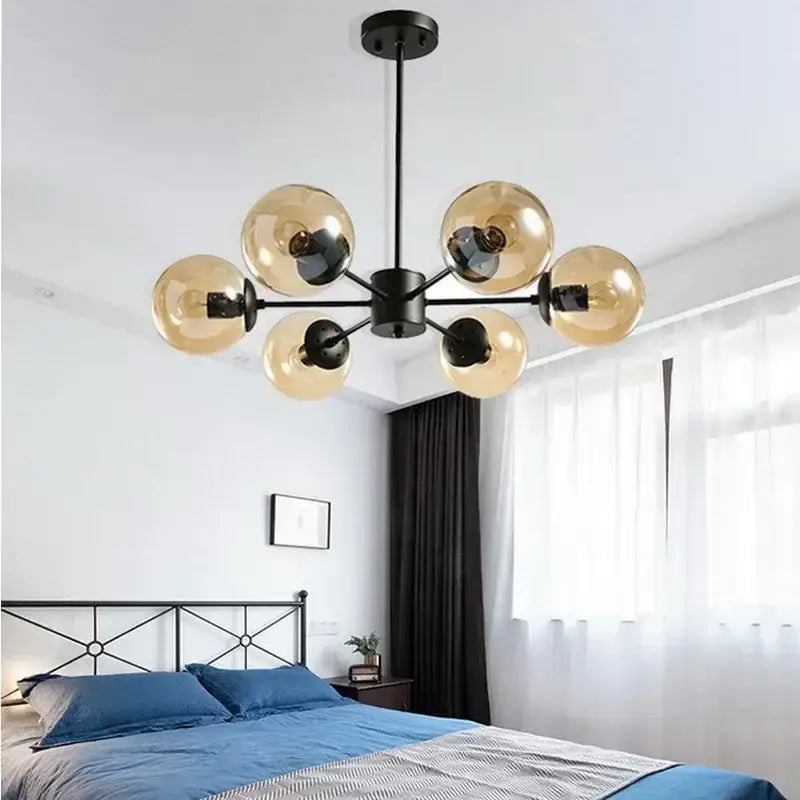 Gold Glass Ball Chandelier 12-Head Amber Glass