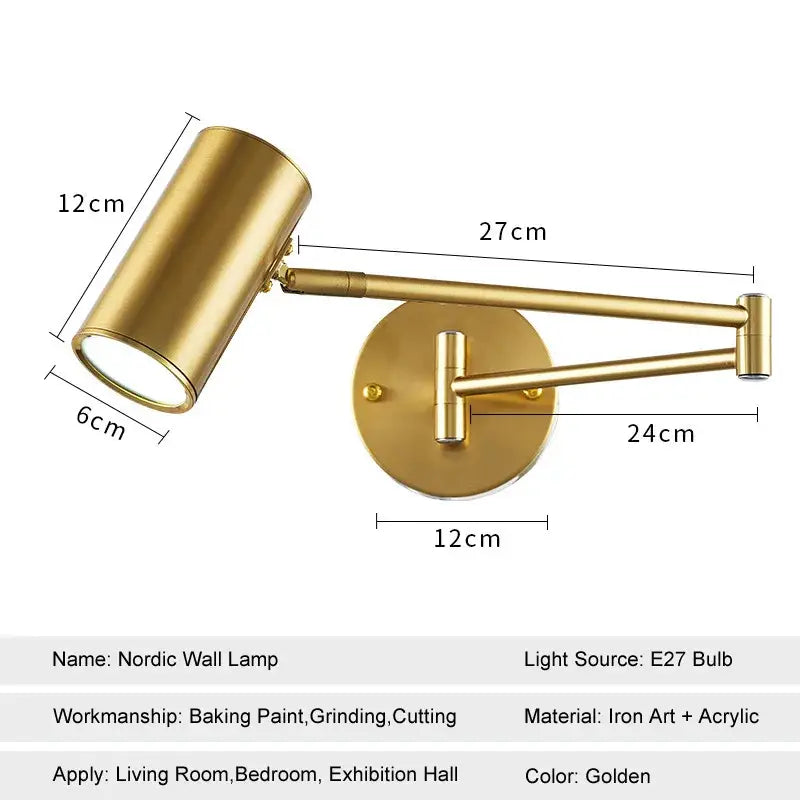Gold Swing-Arm Adjustable Bedside Wall Lamp