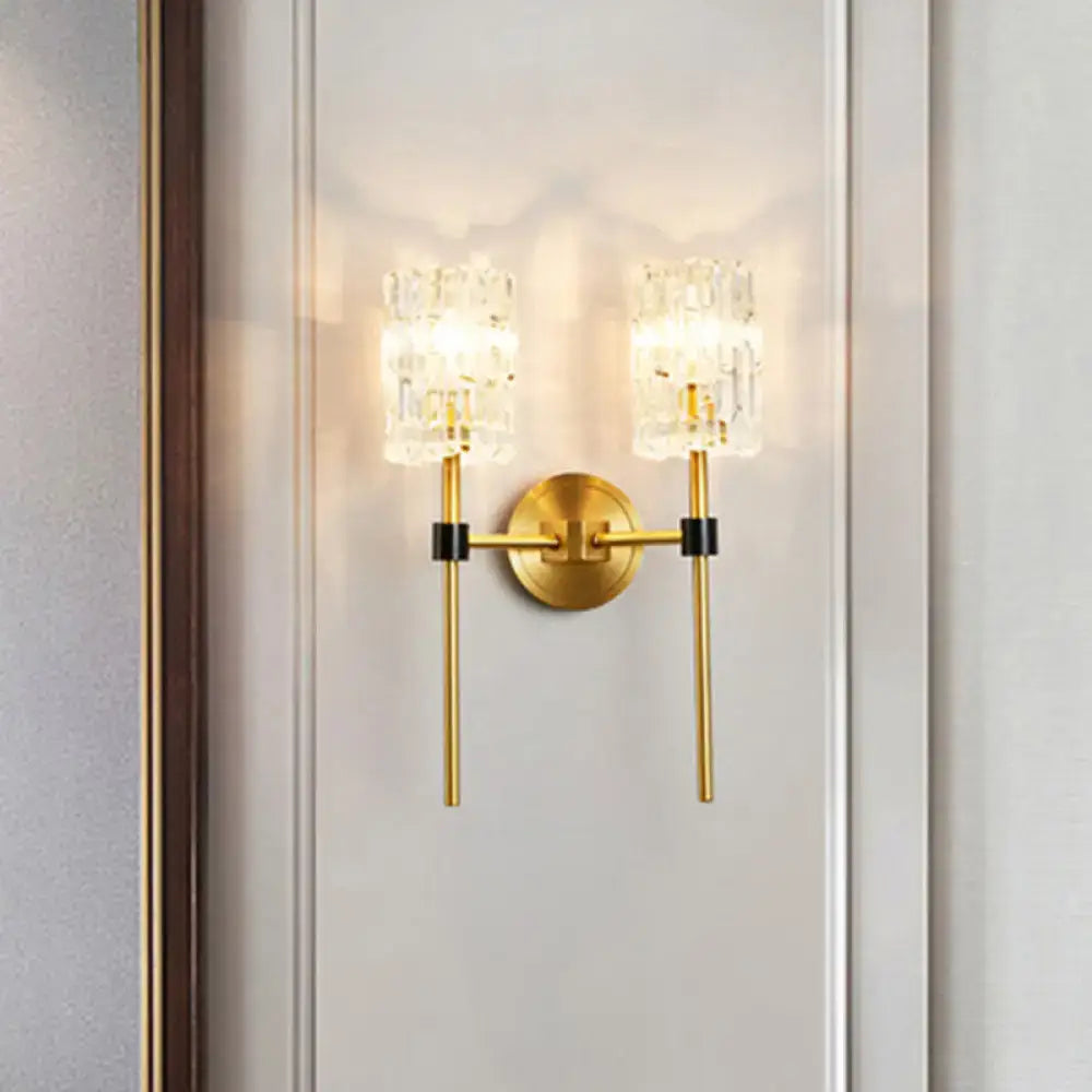 Gold Crystal Carved Glass Two-Light Wall Sconce
