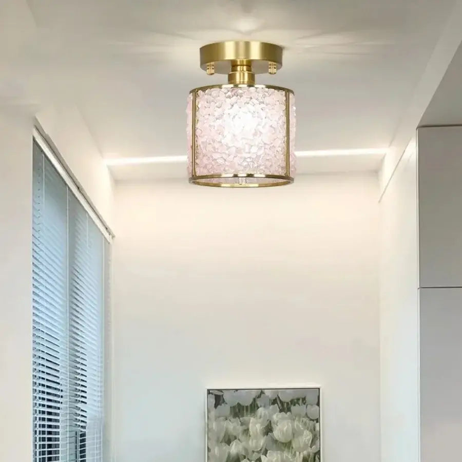 Gold Crystal Ceiling Light Pink Column Glass