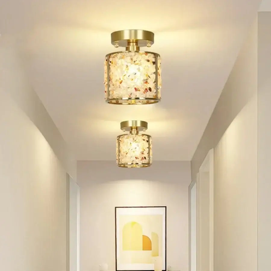 Gold Crystal Ceiling Light Pink Column Glass