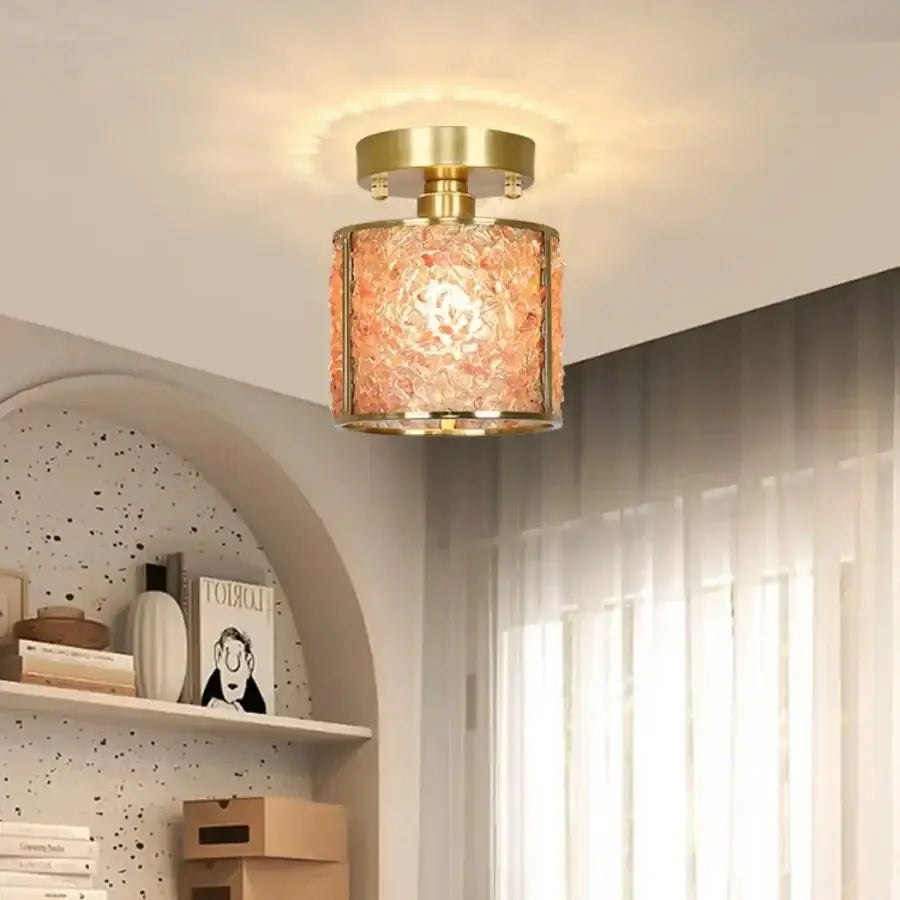 Gold Crystal Ceiling Light Pink Column Glass