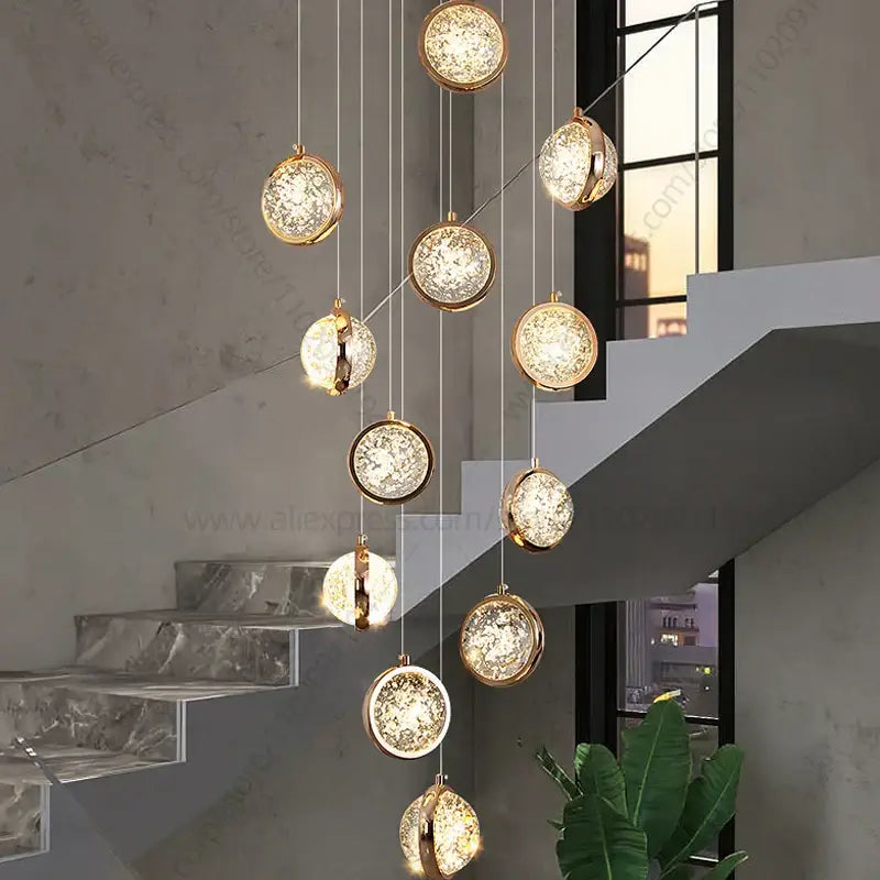 Gold Crystal Staircase Chandelier for Lofts and Hotels