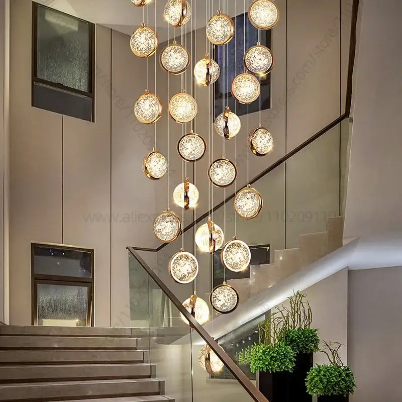 Gold Crystal Staircase Chandelier for Lofts and Hotels
