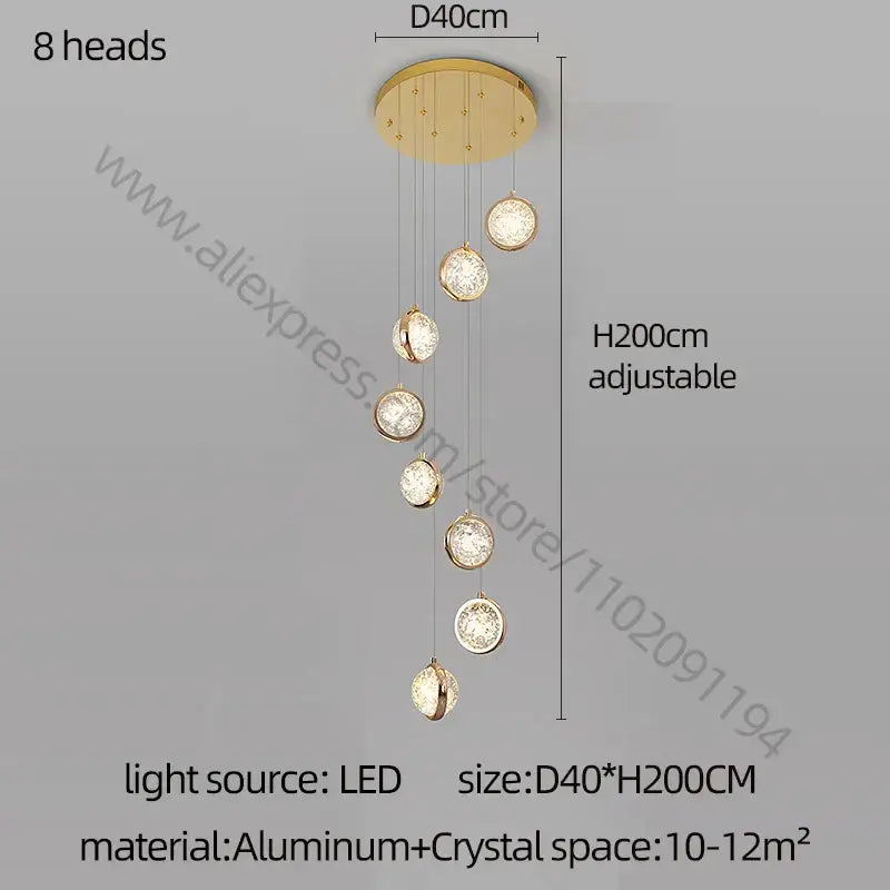 Gold Crystal Staircase Chandelier for Lofts and Hotels