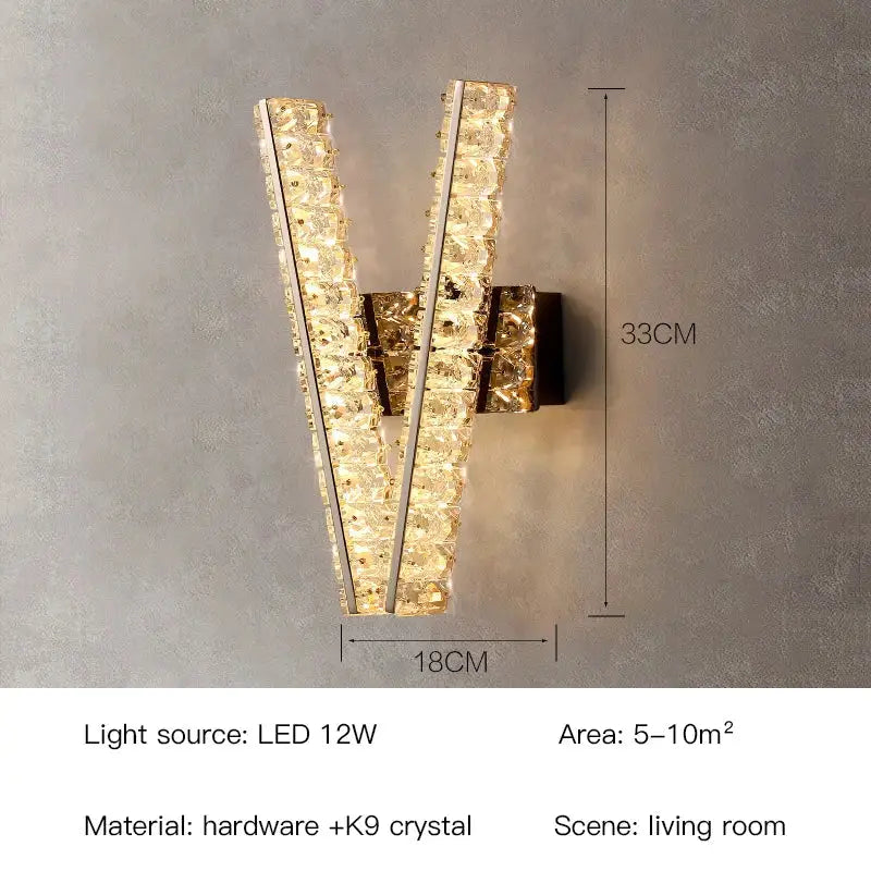 Gold Crystal Wall Lamp V-Shaped Design H33cm