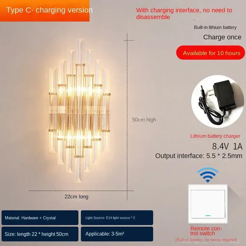 Gold Crystal Wall Lamp Wireless Rechargeable