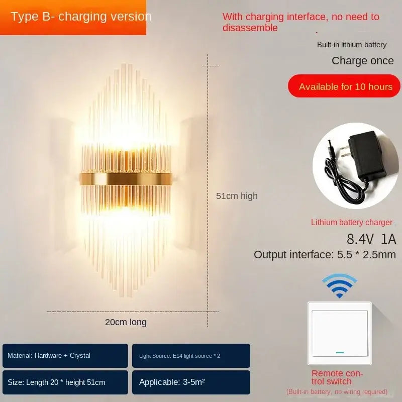 Gold Crystal Wall Lamp Wireless Rechargeable