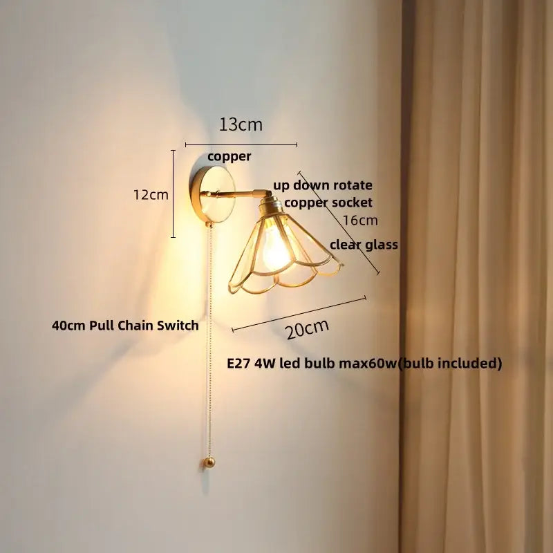 Gold Glass LED Sconce with Pull Chain Nordic Style