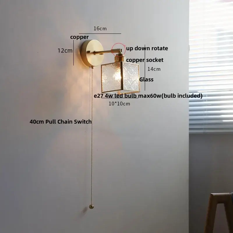 Gold Glass LED Sconce with Pull Chain Nordic Style