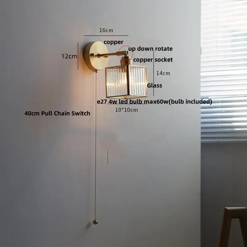 Gold Glass LED Sconce with Pull Chain Nordic Style