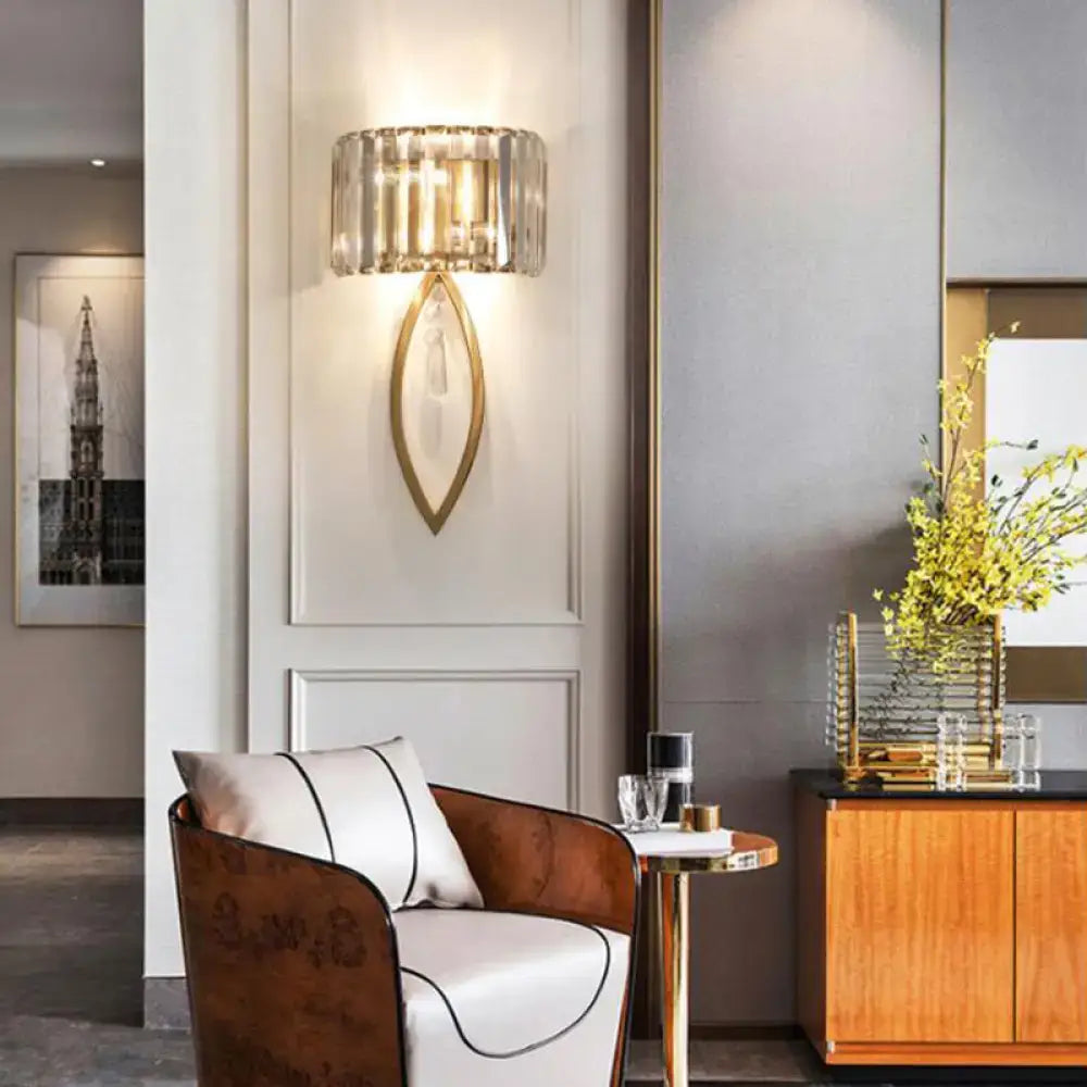 Gold Crystal Drum Sconce Dual-Light Metallic
