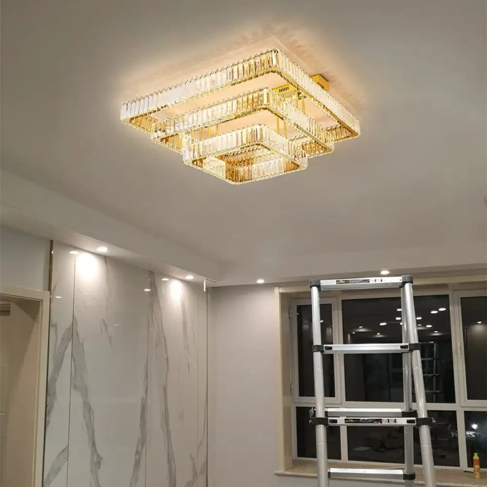 Gold Crystal Ceiling Chandelier with Dimmable LED