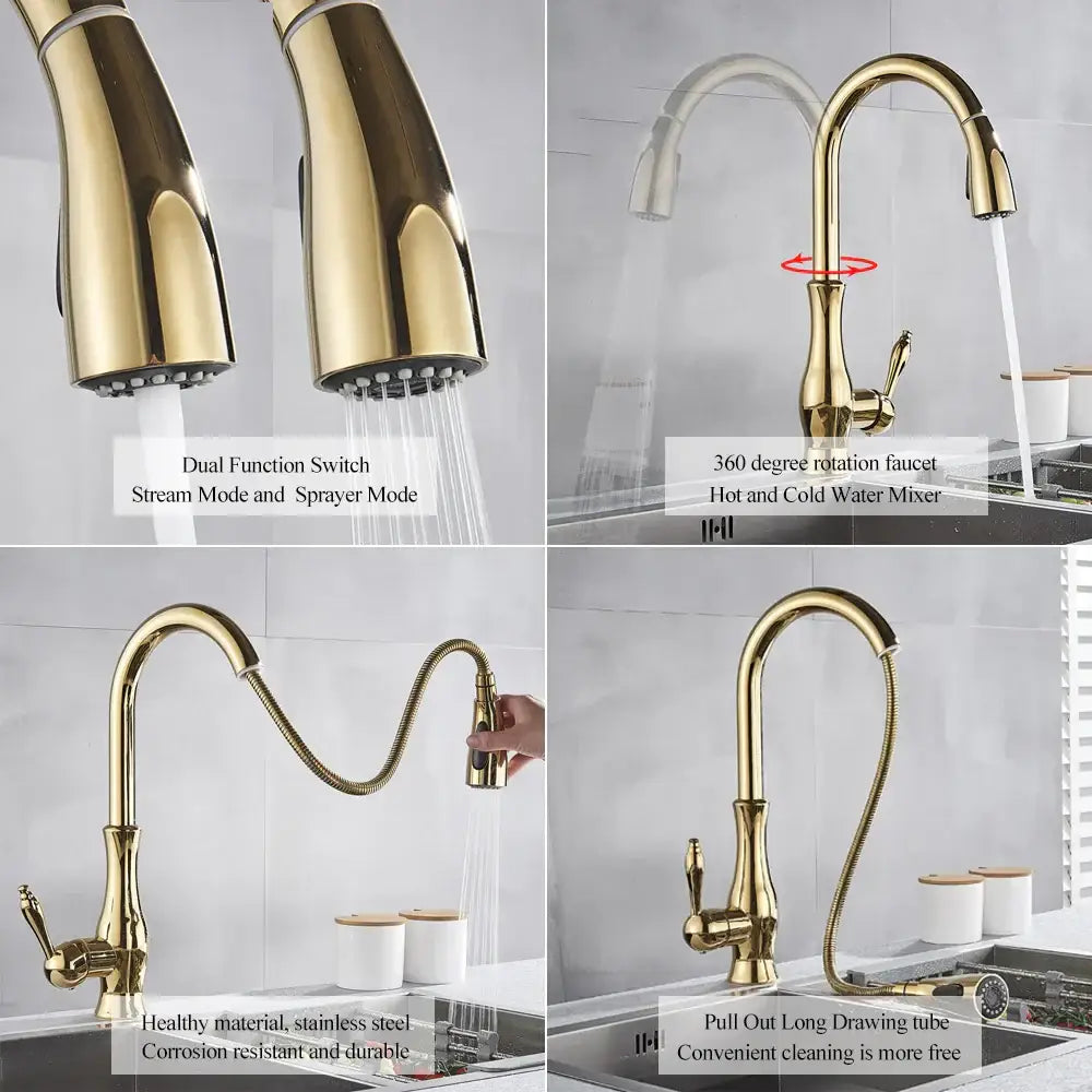 Gold Swivel Kitchen Faucet with Pull-Down Sprayer