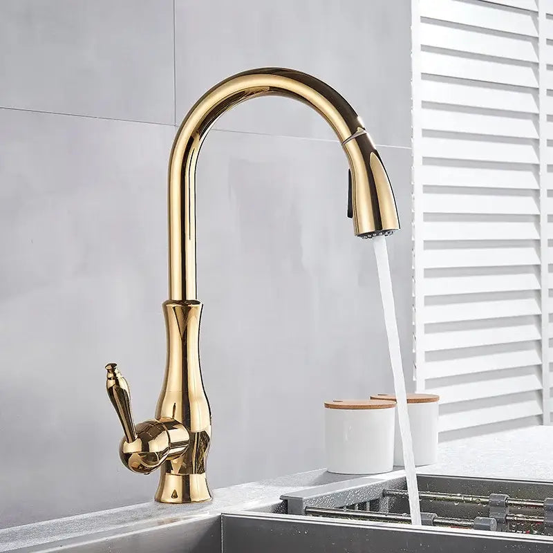 Gold Swivel Kitchen Faucet with Pull-Down Sprayer
