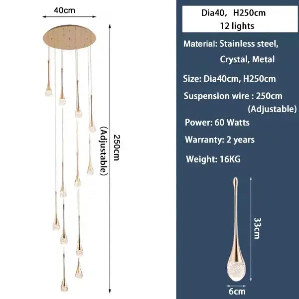 Gold Crystal 30-Light 350cm Staircase Chandelier