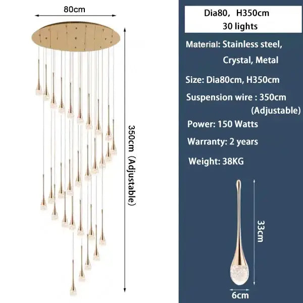 Gold Crystal 30-Light 350cm Staircase Chandelier