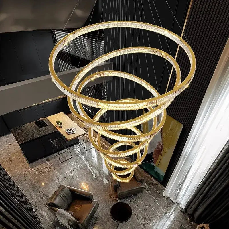 Gold Round Crystal 7-Ring Staircase Chandelier