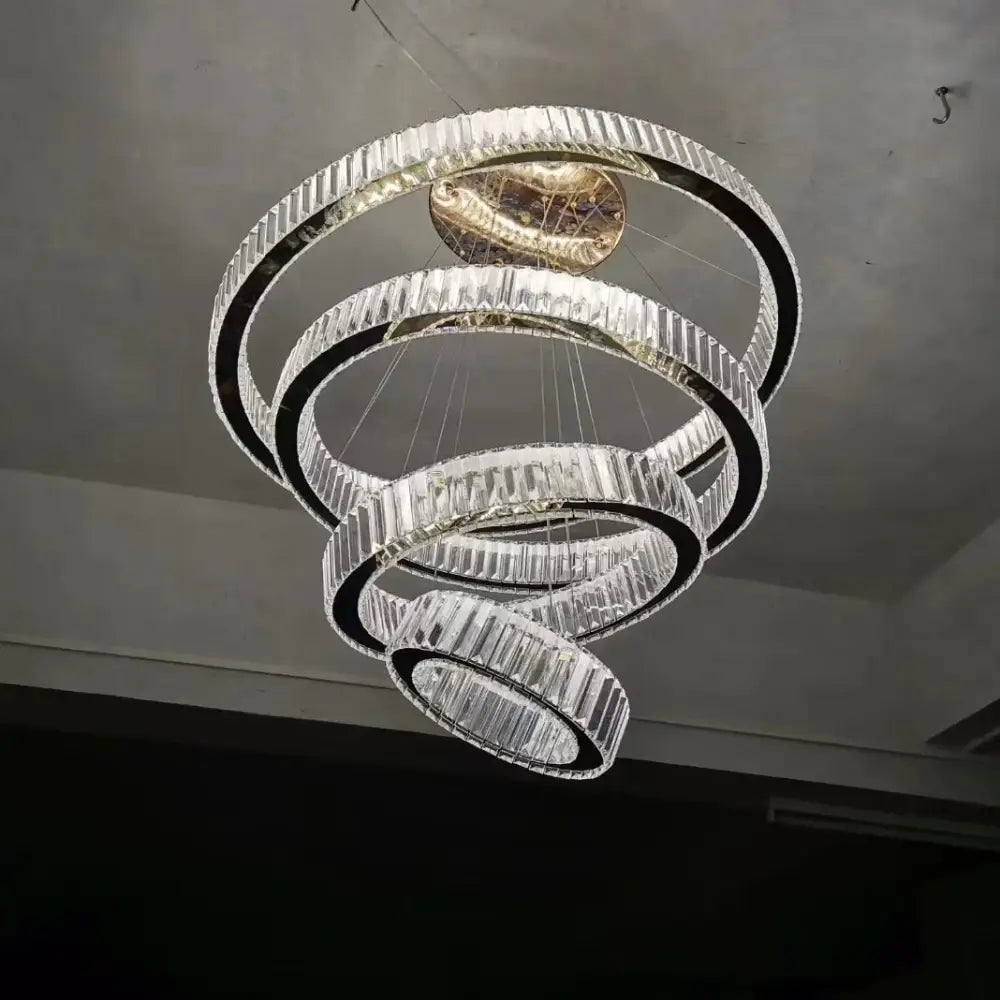 Gold Round Crystal 7-Ring Staircase Chandelier