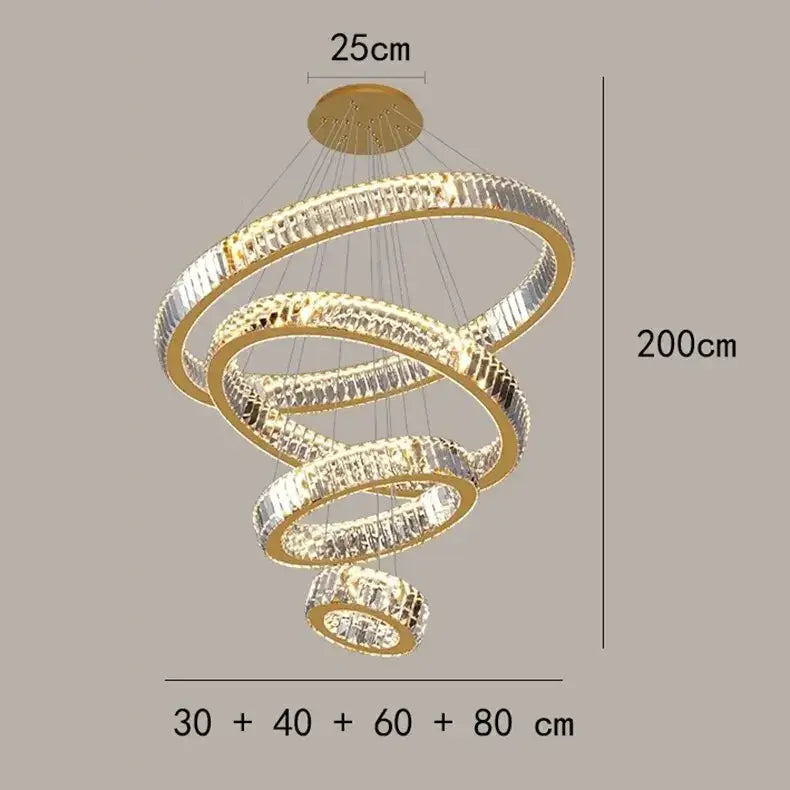 Gold Round Crystal 7-Ring Staircase Chandelier