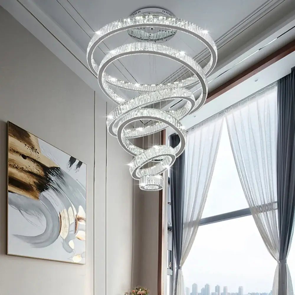 Gold Round Crystal 7-Ring Staircase Chandelier