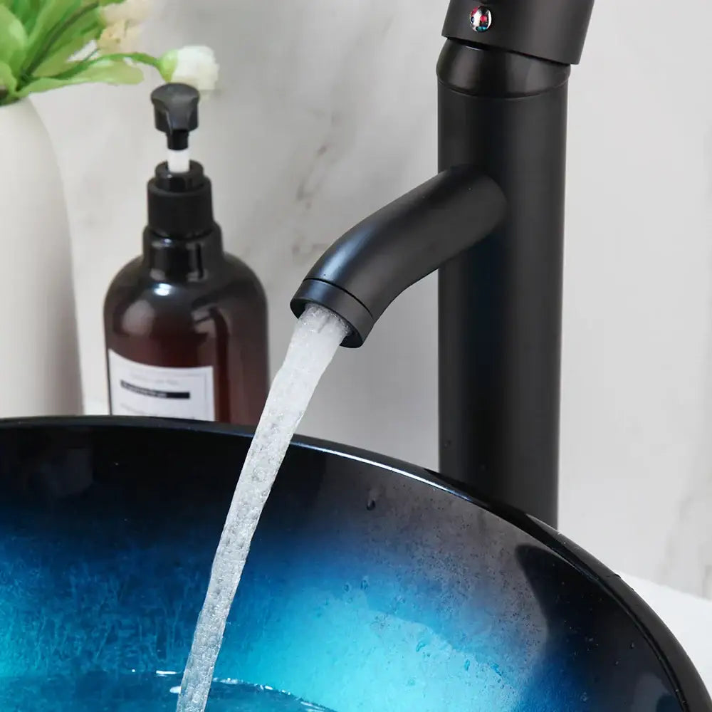 Blue Glass Vessel Sink Set with Black Mixer