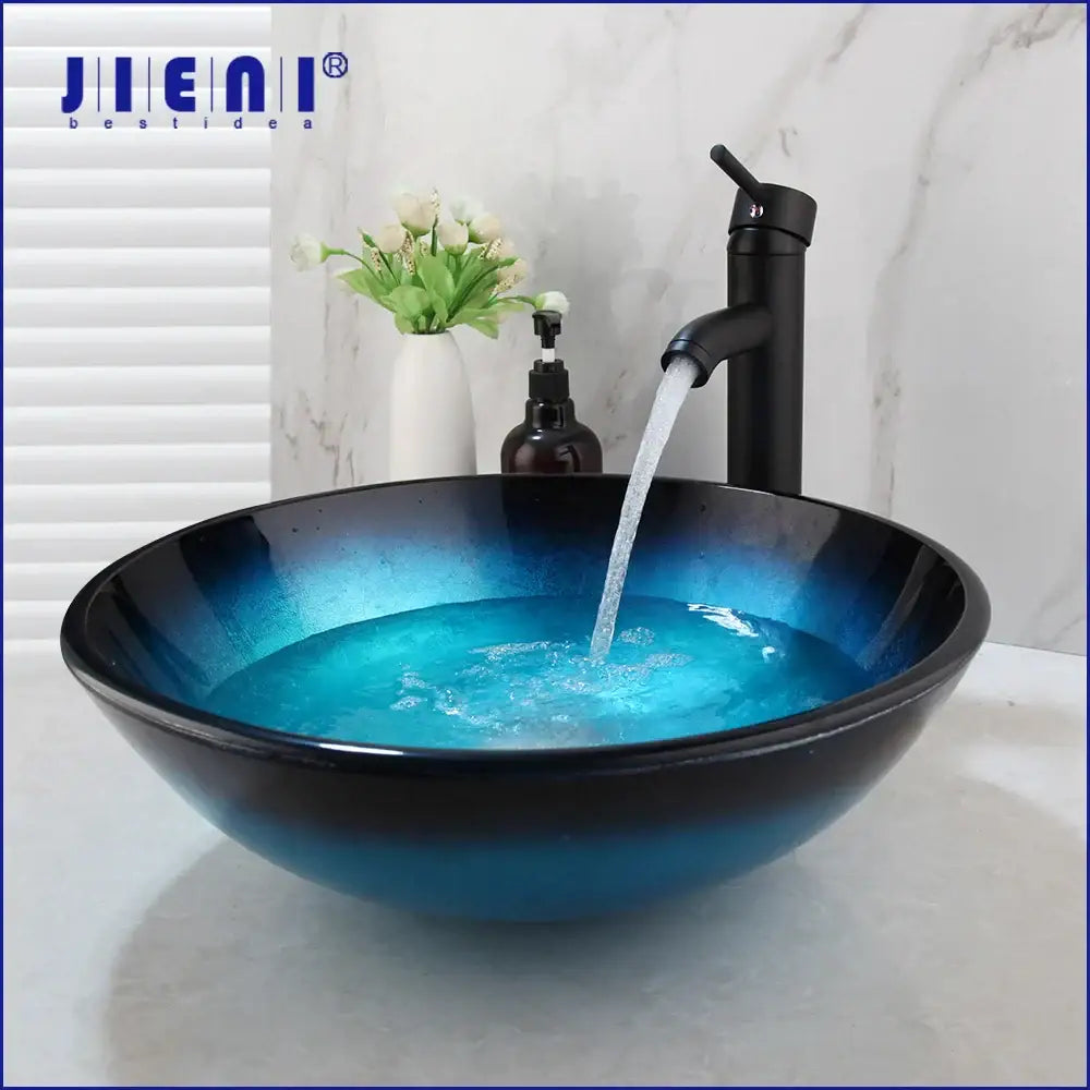 Blue Glass Vessel Sink Set with Black Mixer