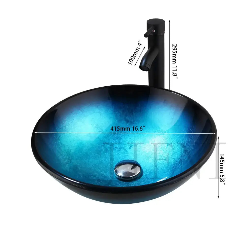 Blue Glass Vessel Sink Set with Black Mixer