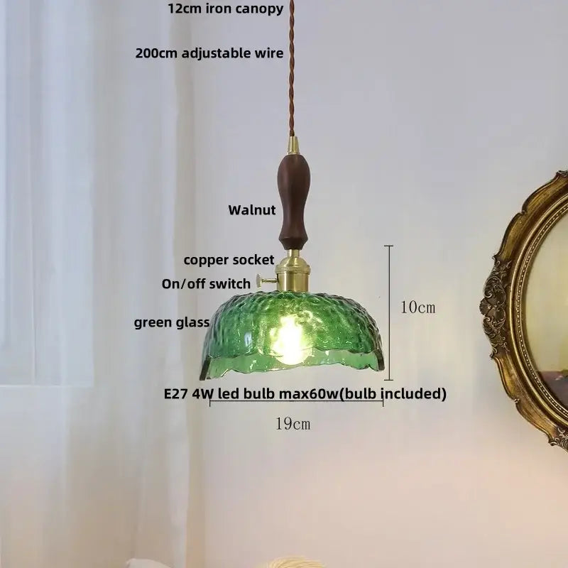 Green Glass Wood Pendant Light