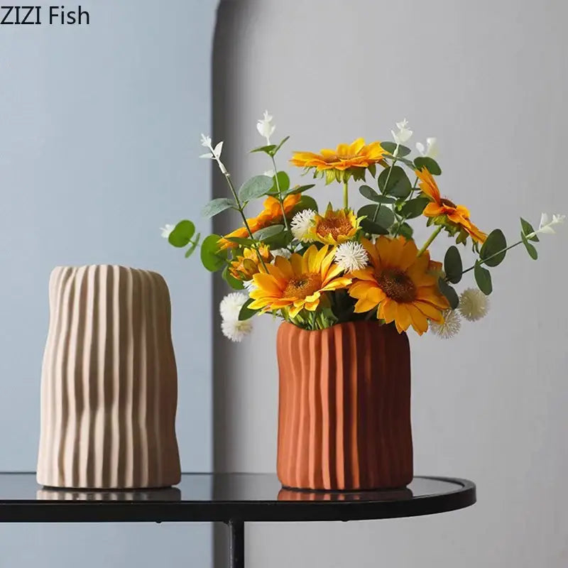 Ceramic Ribbed Vase Trio