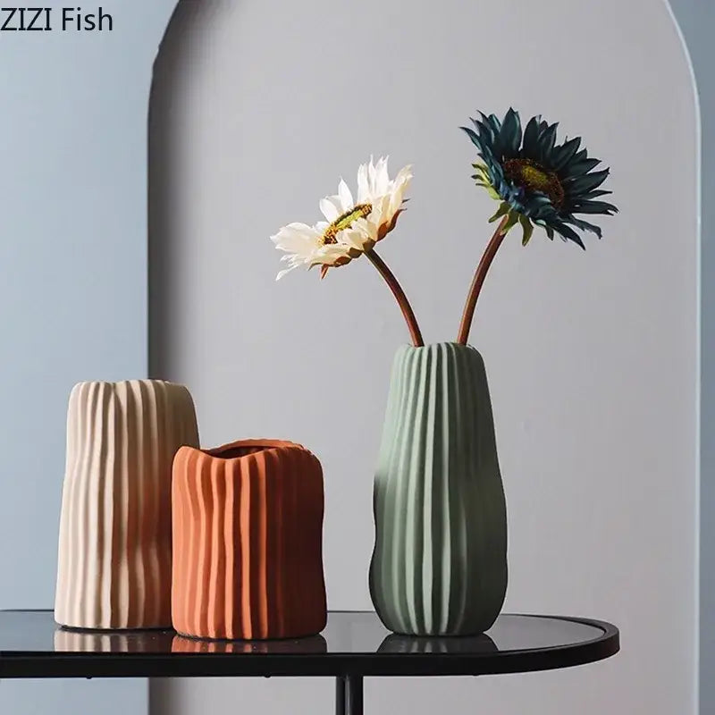 Ceramic Ribbed Vase Trio