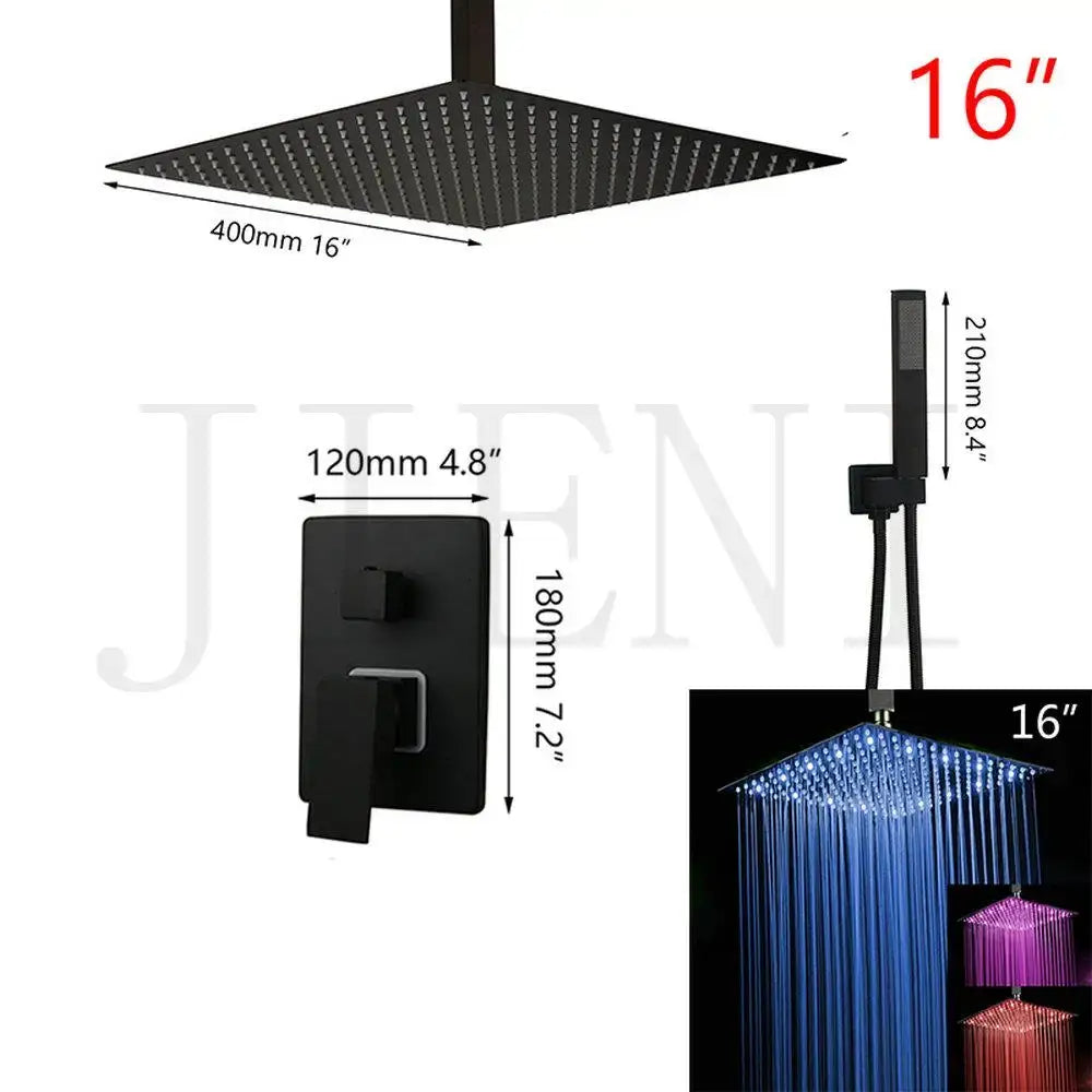 Black LED Shower Faucet Set 16-Inch Ceiling