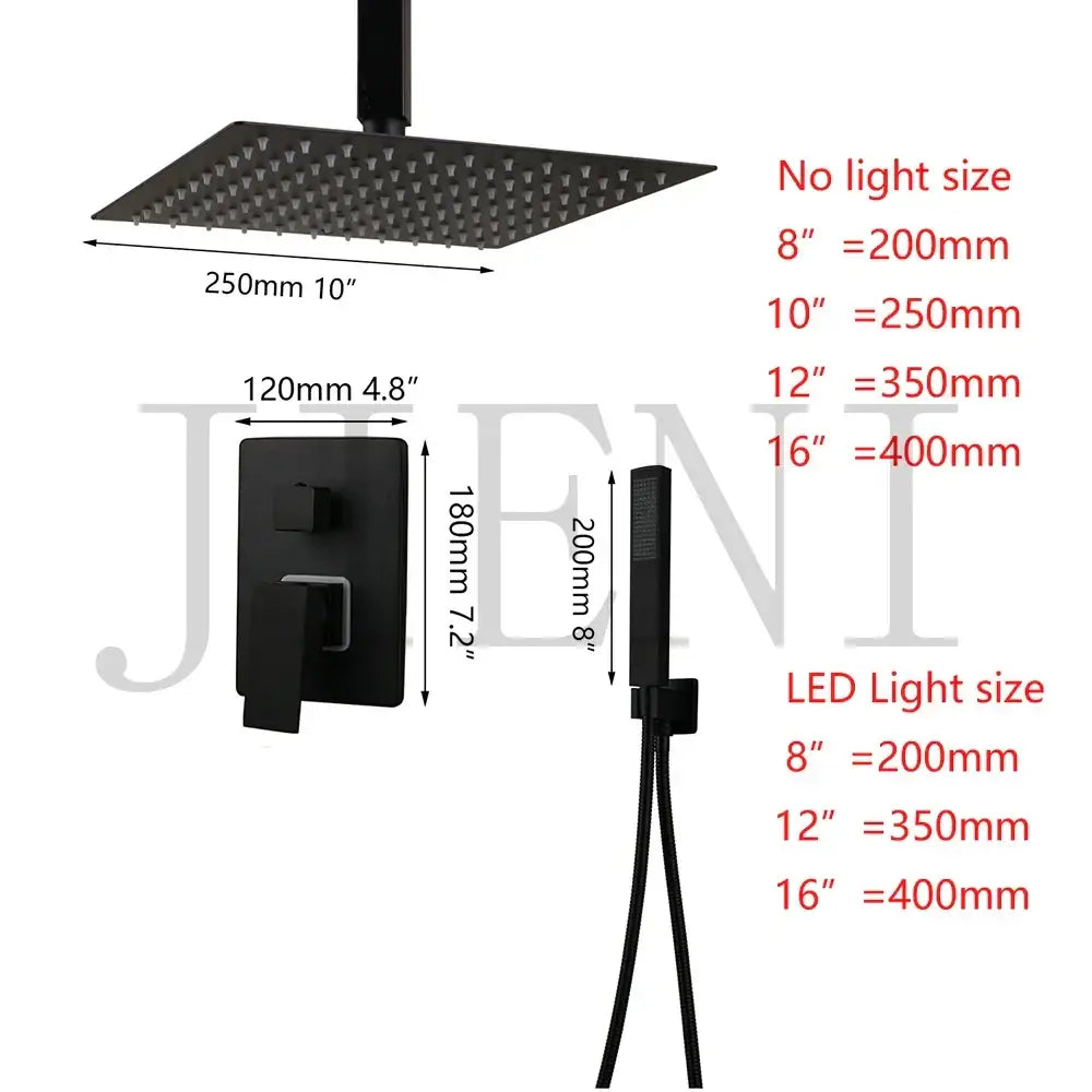 Black LED Shower Faucet Set 16-Inch Ceiling