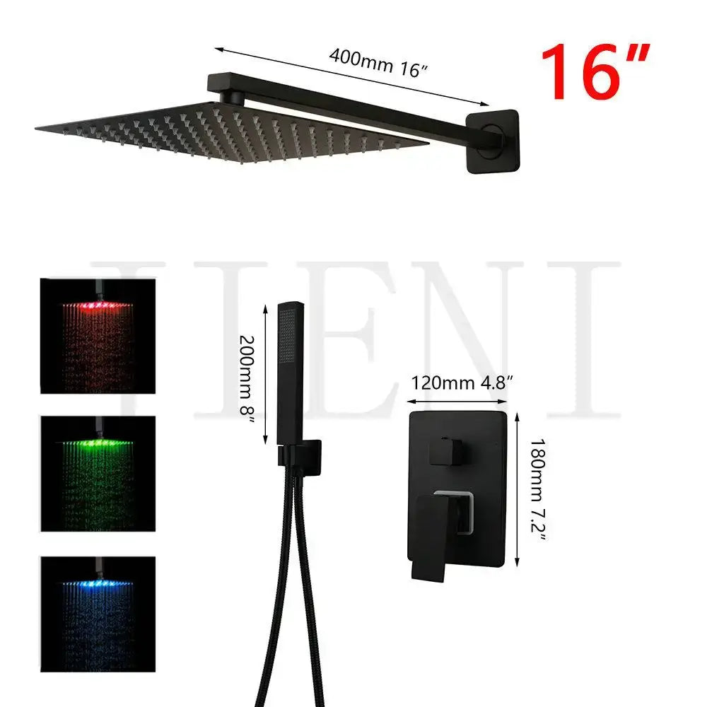 Black LED Shower Faucet Set 16-Inch Ceiling