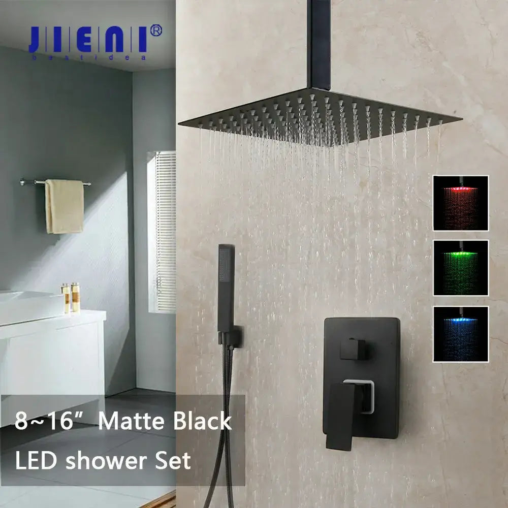 Black LED Shower Faucet Set 16-Inch Ceiling