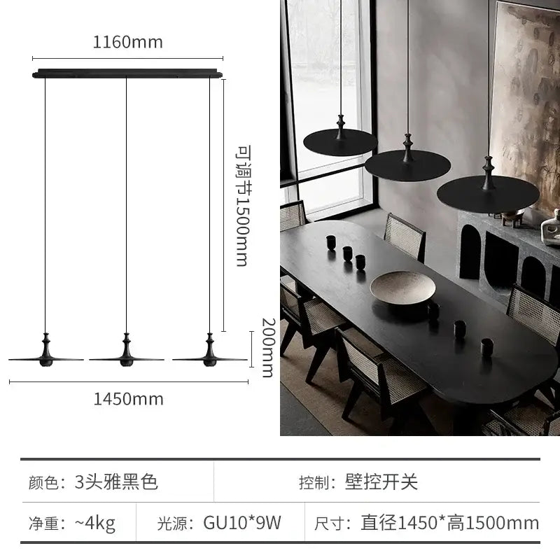 Black Solid Wood Pendant Light 3-Head