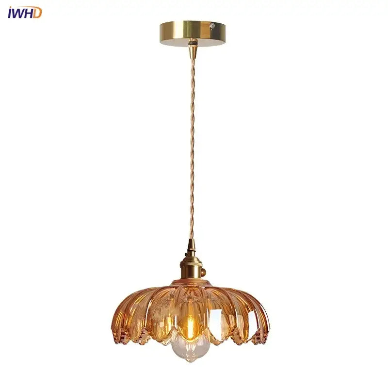 Amber Glass Brass-Cable Dining Pendant Lamp