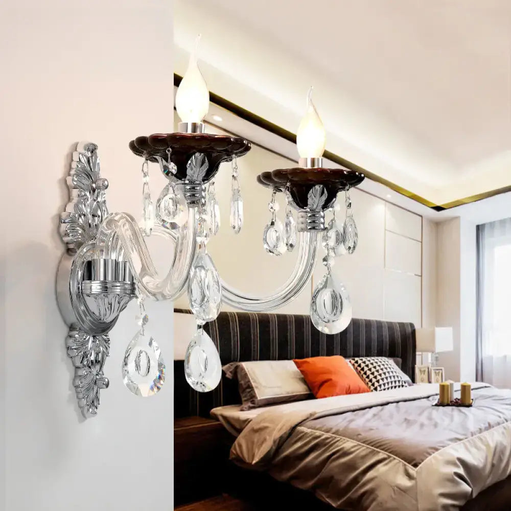 Silver Crystal Wall Sconce Dual-Head Drops