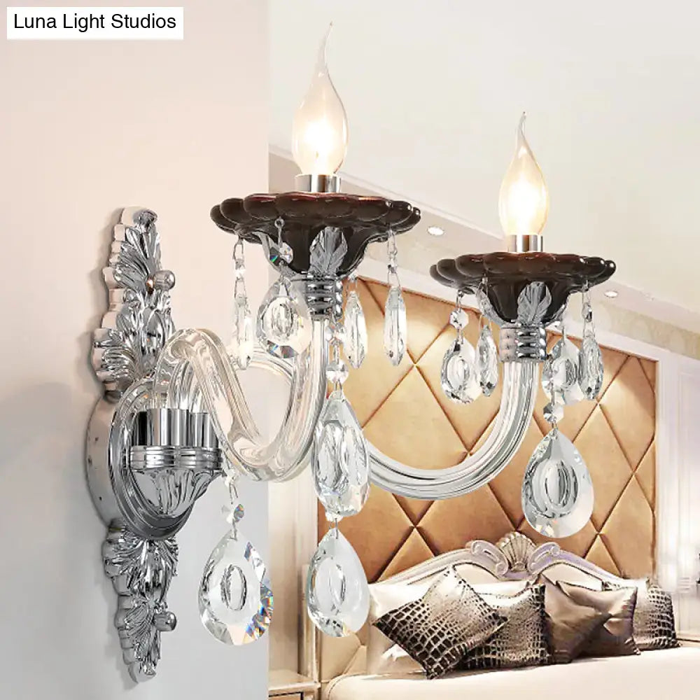 Silver Crystal Wall Sconce Dual-Head Drops