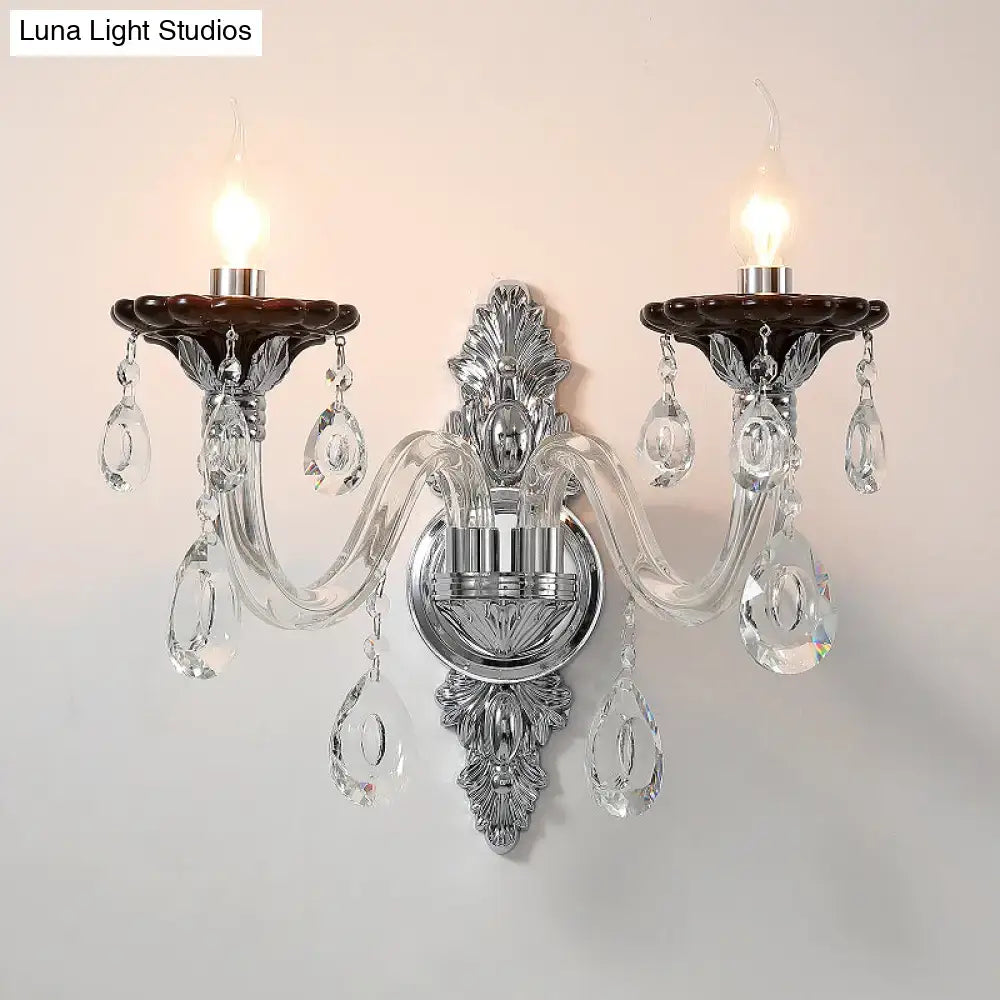 Silver Crystal Wall Sconce Dual-Head Drops