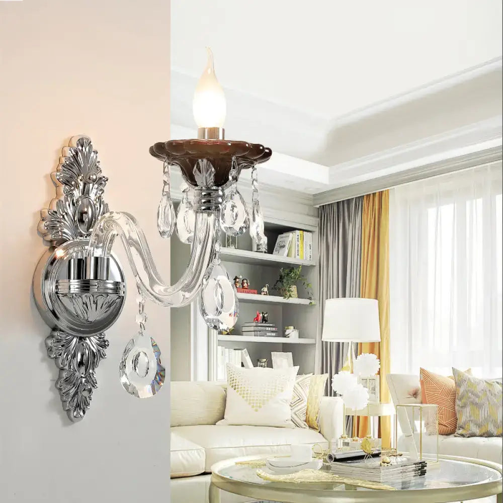 Silver Crystal Wall Sconce Dual-Head Drops