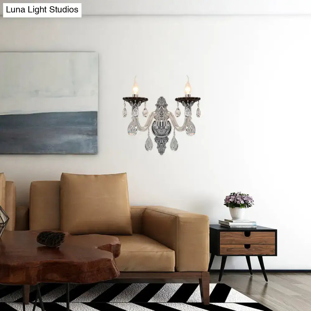 Silver Crystal Wall Sconce Dual-Head Drops