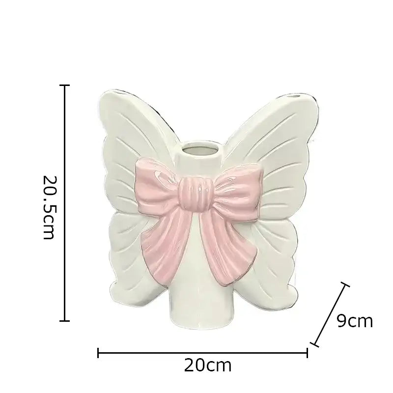 White Butterfly Ceramic Vase with Pink Bow