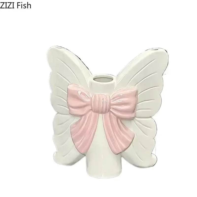 White Butterfly Ceramic Vase with Pink Bow