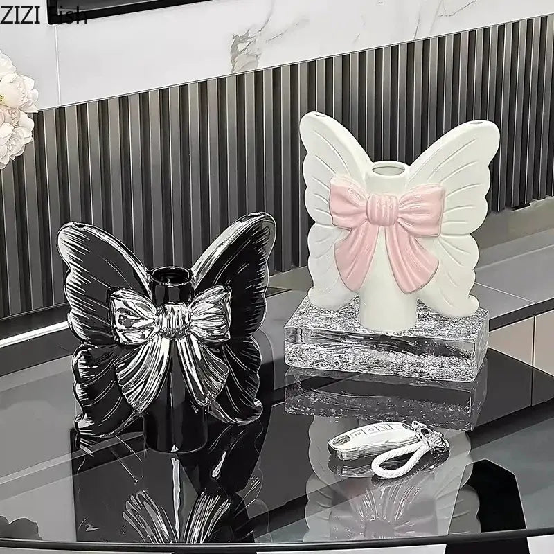 White Butterfly Ceramic Vase with Pink Bow